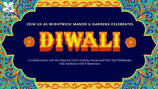 Against an illustrated background of blue and yellow illustrations is the text 'Join us as Wightwick Manor & Gardens celebrates Diwali'